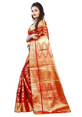Red woven silk blend saree with blouse 2