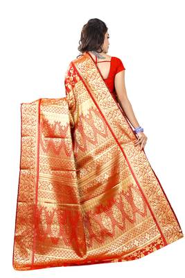 Red woven silk blend saree with blouse 3