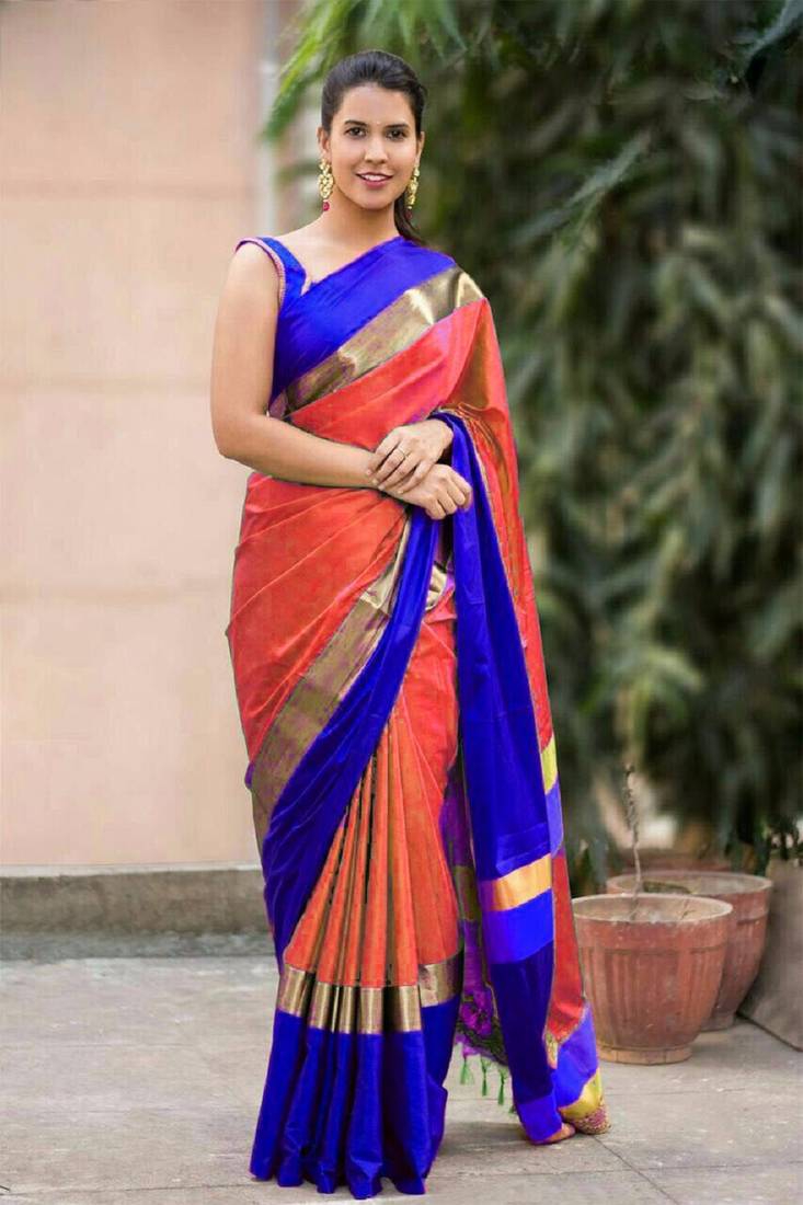 Orange woven cotton silk saree with blouse