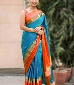 Sky blue woven cotton silk saree with blouse
