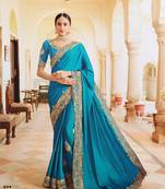 Turquoise embroidered silk saree with blouse