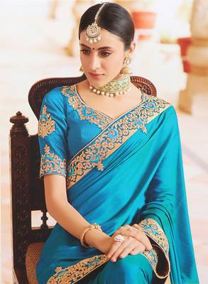 Turquoise embroidered silk saree with blouse 2