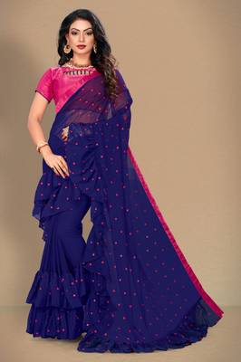 Blue embroidered georgette saree with blouse 1