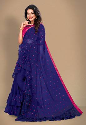 Blue embroidered georgette saree with blouse 2
