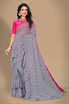 Grey embroidered georgette saree with blouse 1