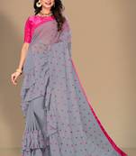 Grey embroidered georgette saree with blouse