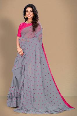 Grey embroidered georgette saree with blouse 2