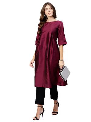 Wine Plain Art Silk  Long Kurtis 2