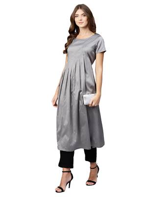 Grey Plain Art Silk  Long Kurtis 1
