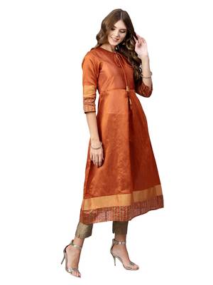 Orange Plain Art Silk  Long Kurtis 1