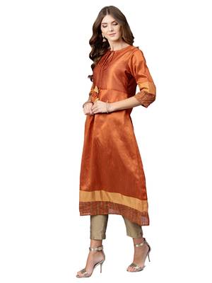Orange Plain Art Silk  Long Kurtis 2