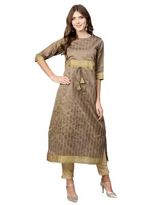 Beige Plain Art Silk  Long Kurtis 1