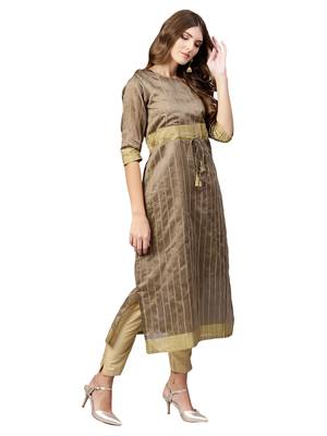 Beige Plain Art Silk  Long Kurtis 2