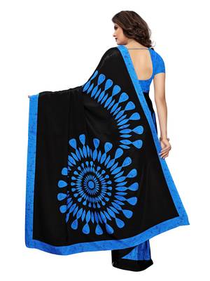 Black printed crepe saree with blouse 4