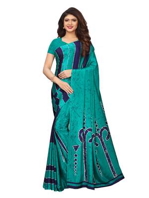 Turquoise printed crepe saree with blouse 1