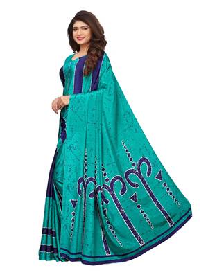 Turquoise printed crepe saree with blouse 2