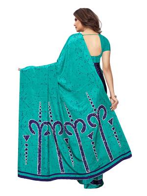 Turquoise printed crepe saree with blouse 4