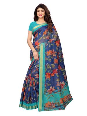 Navy Blue Printed Cotton Silk Saree With Blouse 1