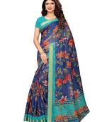 Navy Blue Printed Cotton Silk Saree With Blouse
