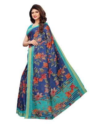 Navy Blue Printed Cotton Silk Saree With Blouse 2