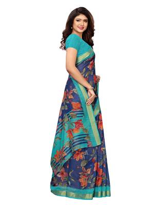 Navy Blue Printed Cotton Silk Saree With Blouse 3