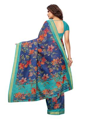 Navy Blue Printed Cotton Silk Saree With Blouse 4