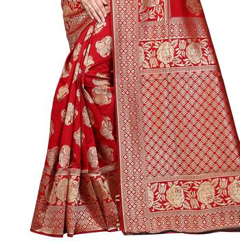 Red woven banarasi saree with blouse 4