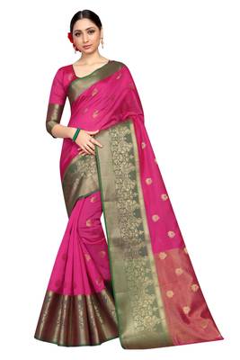 Pink hand woven faux jacquard saree with blouse 1