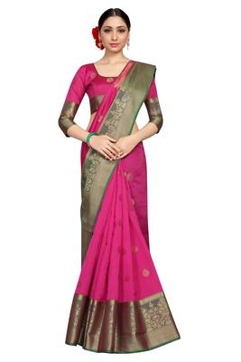 Pink hand woven faux jacquard saree with blouse 4