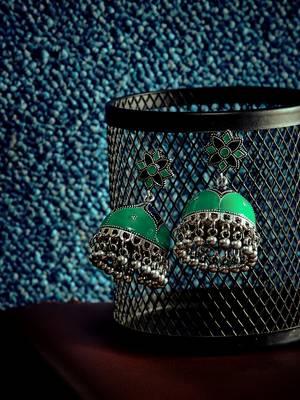 Zerokaata Green And Blue Meenakari Jhumki Earrings 1
