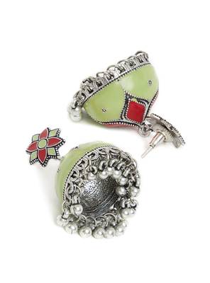 Zerokaata Sea Green And Red Meenakari Jhumki Earrings 3
