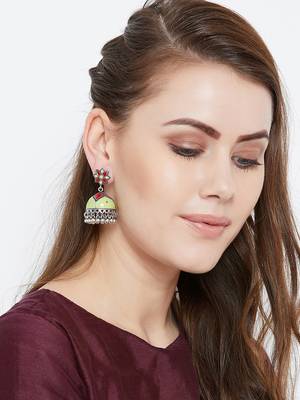 Zerokaata Sea Green And Red Meenakari Jhumki Earrings 4