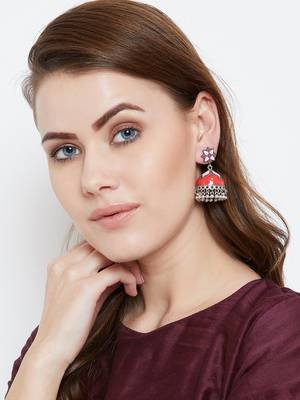 Zerokaata Peach And Red Meenakari Jhumki Earrings 4