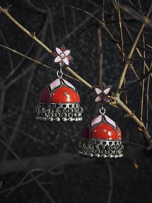 Zerokaata Peach And Red Meenakari Jhumki Earrings 1