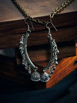 Zerokaata Long Oxidized Silver Bell Jhumkas 1