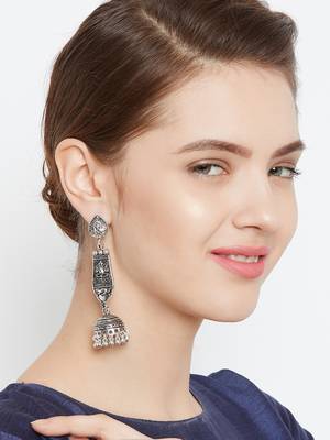 Zerokaata Long Oxidized Silver Ganesha Jhumka Earrings 4