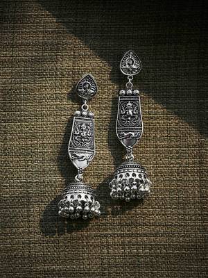 Zerokaata Long Oxidized Silver Ganesha Jhumka Earrings 1