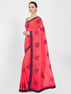 Red embroidered art silk saree with blouse 2