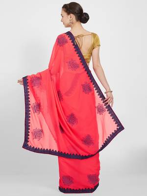 Red embroidered art silk saree with blouse 3