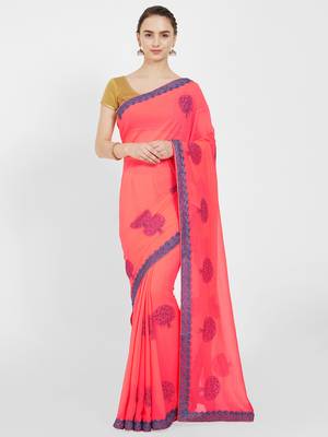 Peach embroidered art silk saree with blouse 1