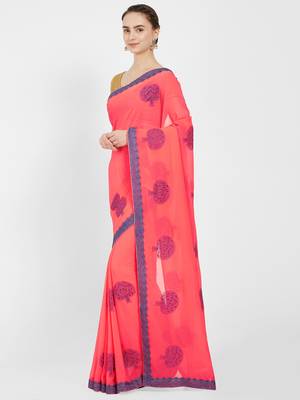 Peach embroidered art silk saree with blouse 2