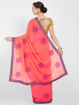 Peach embroidered art silk saree with blouse 3