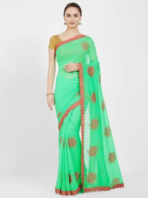 Green embroidered art silk saree with blouse 1