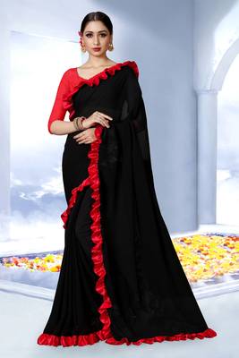 Black plain georgette saree with blouse 1