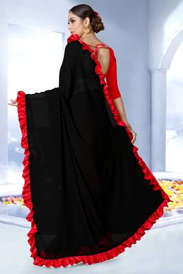 Black plain georgette saree with blouse 2