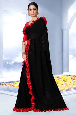 Black plain georgette saree with blouse 3