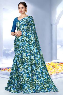 Parrot green printed silk saree with blouse 1