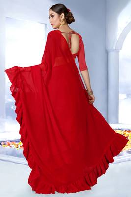 Red plain georgette saree with blouse 2