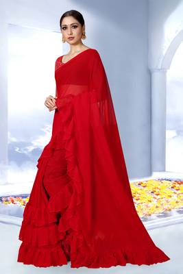 Red plain georgette saree with blouse 3