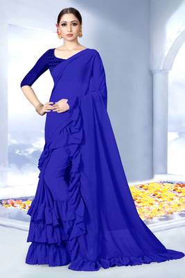 Blue plain georgette saree with blouse 1